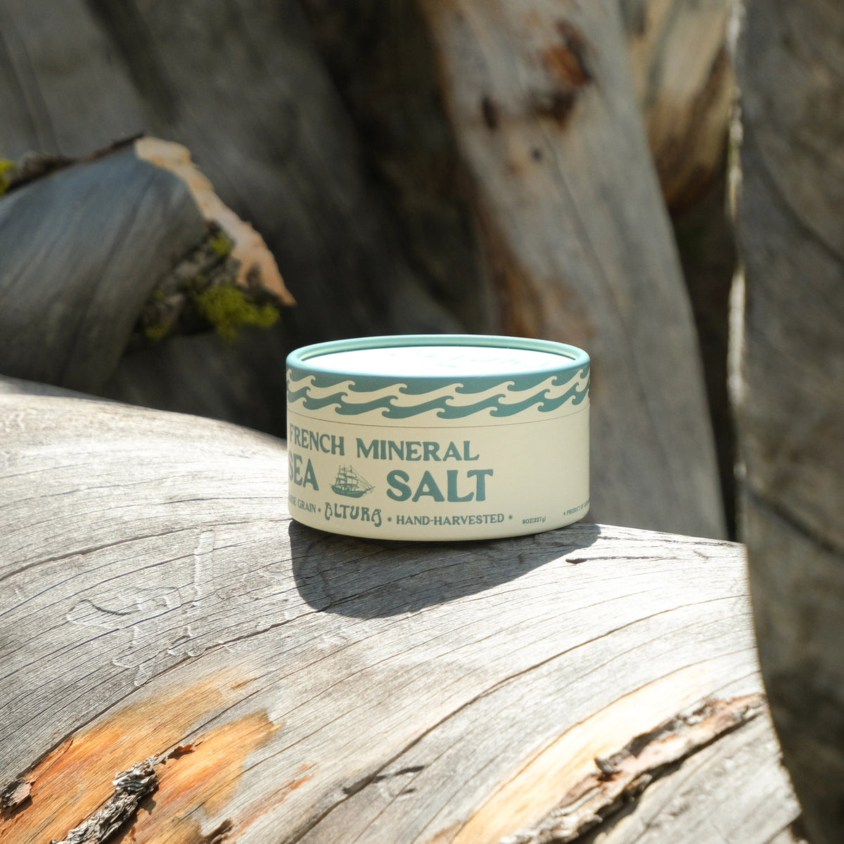 A small round tin of French Mineral Sea Salt sits on a weathered log outdoors, with blurred tree trunks in the background. The tin is cream-colored with a teal wave pattern and dark teal text.