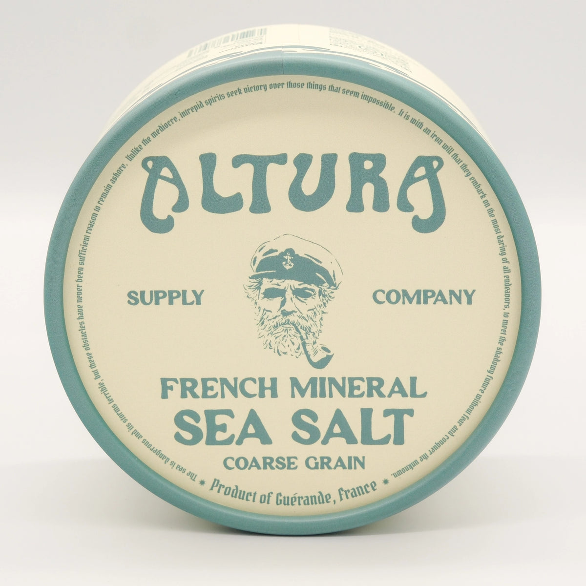 A round tin of Altura French Mineral Sea Salt, Coarse Grain, featuring a cream-colored label with a teal border and illustration of a bearded sailor, on a white background.