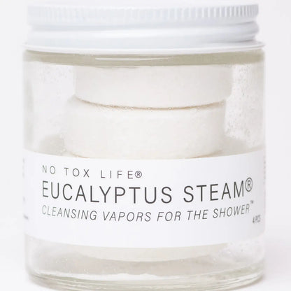 Jar of 'Eucalyptus Steam' cleansing vapors for the shower by No Tox Life on a white background