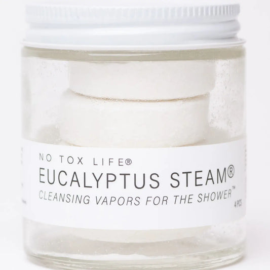 Jar of 'Eucalyptus Steam' cleansing vapors for the shower by No Tox Life on a white background