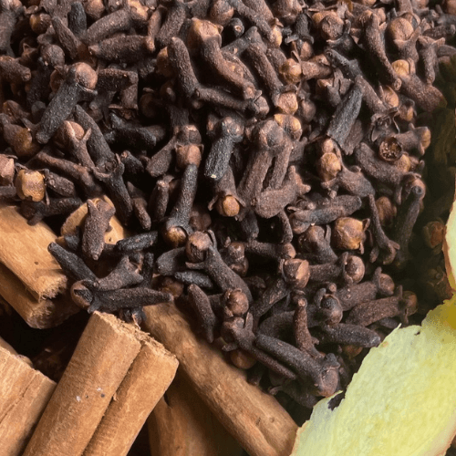 Whole organic cloves in a bowl surrounded by sliced ginger and cinnamon sticks to make the best elderberry syrup recipe.