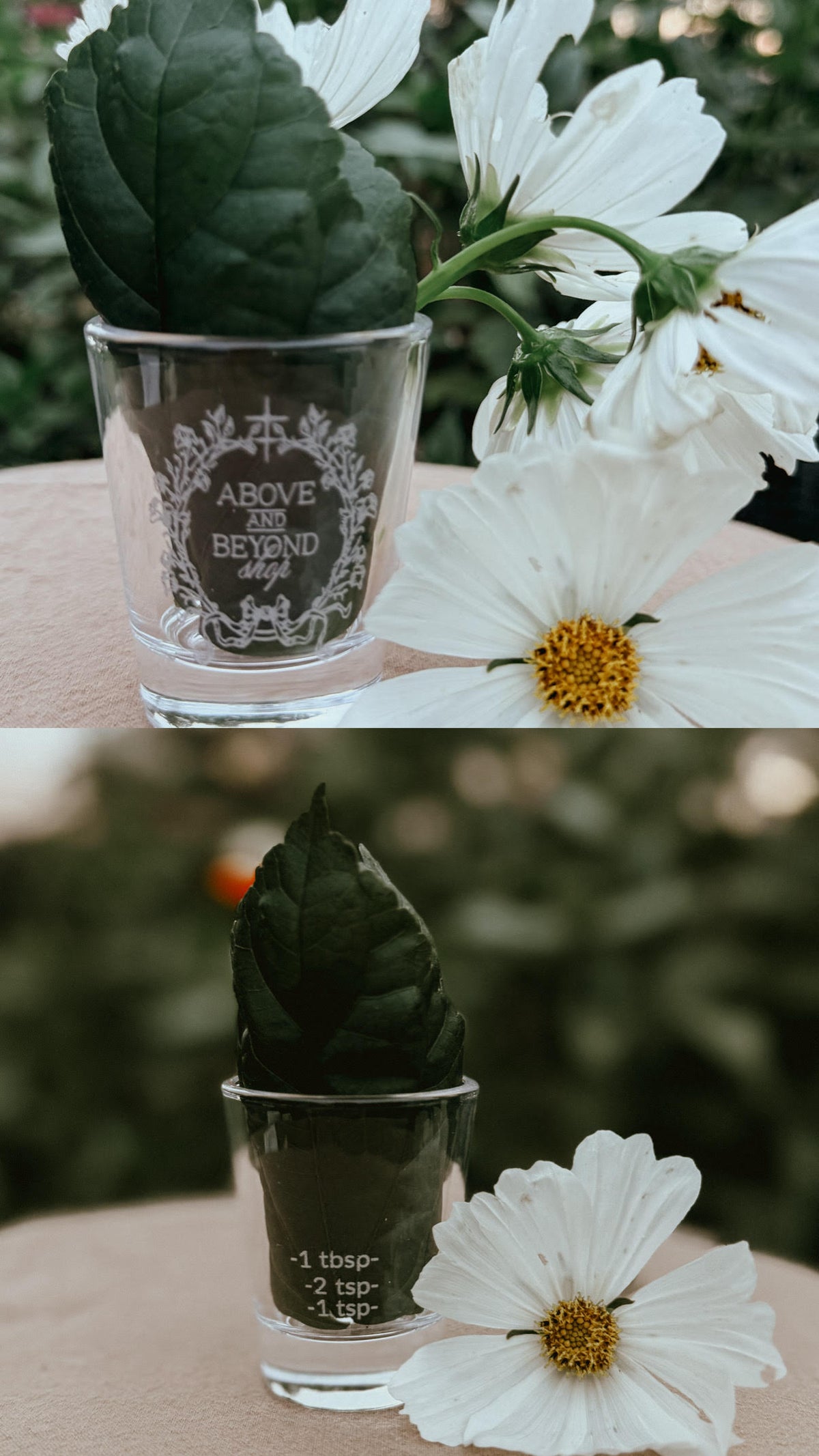 Small measuring shot glass with teaspoon and tablespoon measurement lines