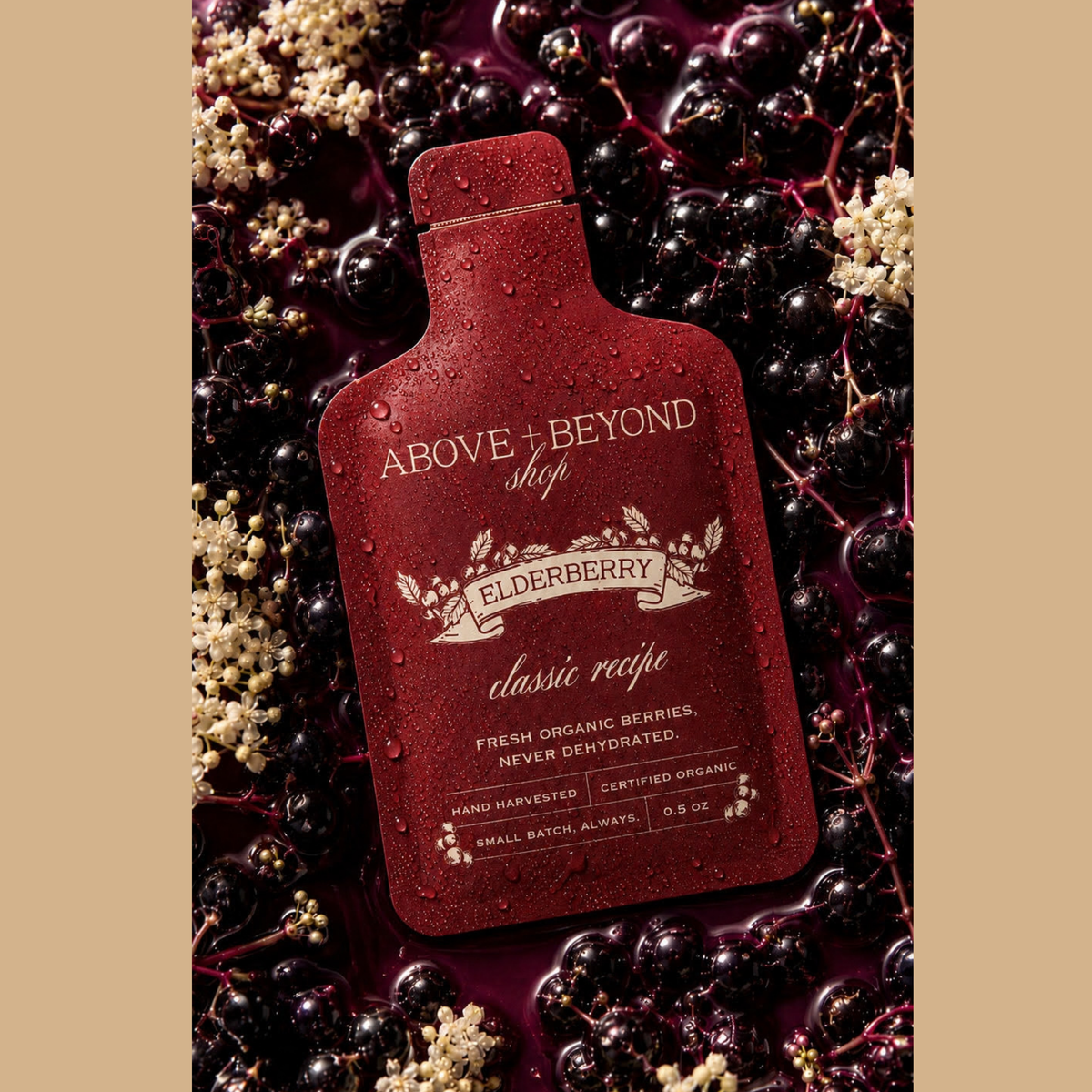 A single bottle-shaped product package labeled 'ABOVE + BEYOND SHOP Elderberry classic recipe' sits on a bed of dark elderberries and cream flowers. The package is deep burgundy with white text and water droplets, photographed against a beige border background.